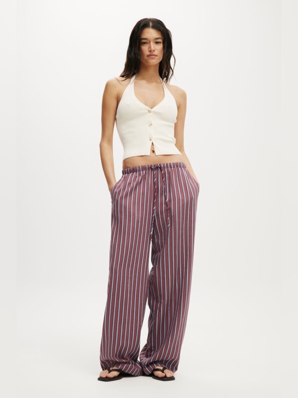 PrettyLittleThing Burgundy & White Vertical Stripe Wide Leg Pants - Picture 4 of 6